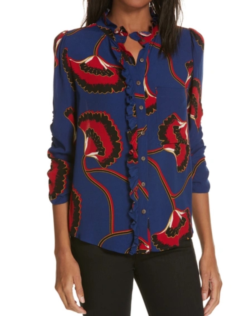 ba&sh Laura Floral Ruffle Blouse Blue Red Print Button Front Top US 8 Medium